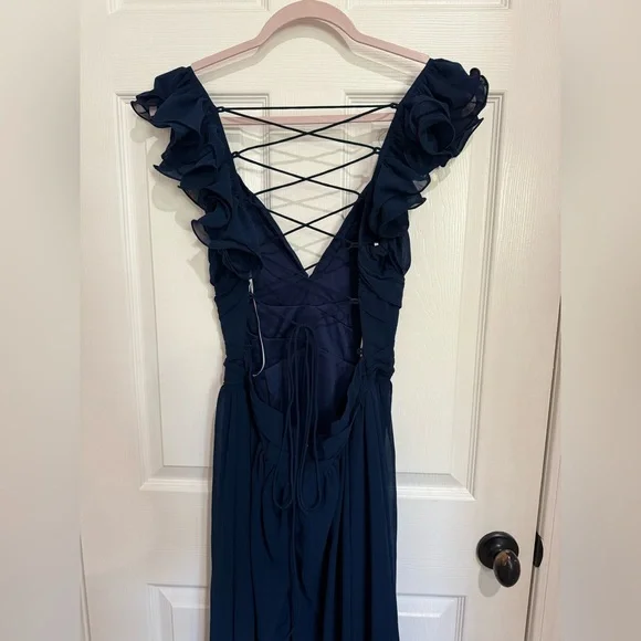 Lulus Maxi Dress Navy Blue Ruffled Lace-Up Soiree Celebration Formal Dress NWOT - Picture 8 of 10
